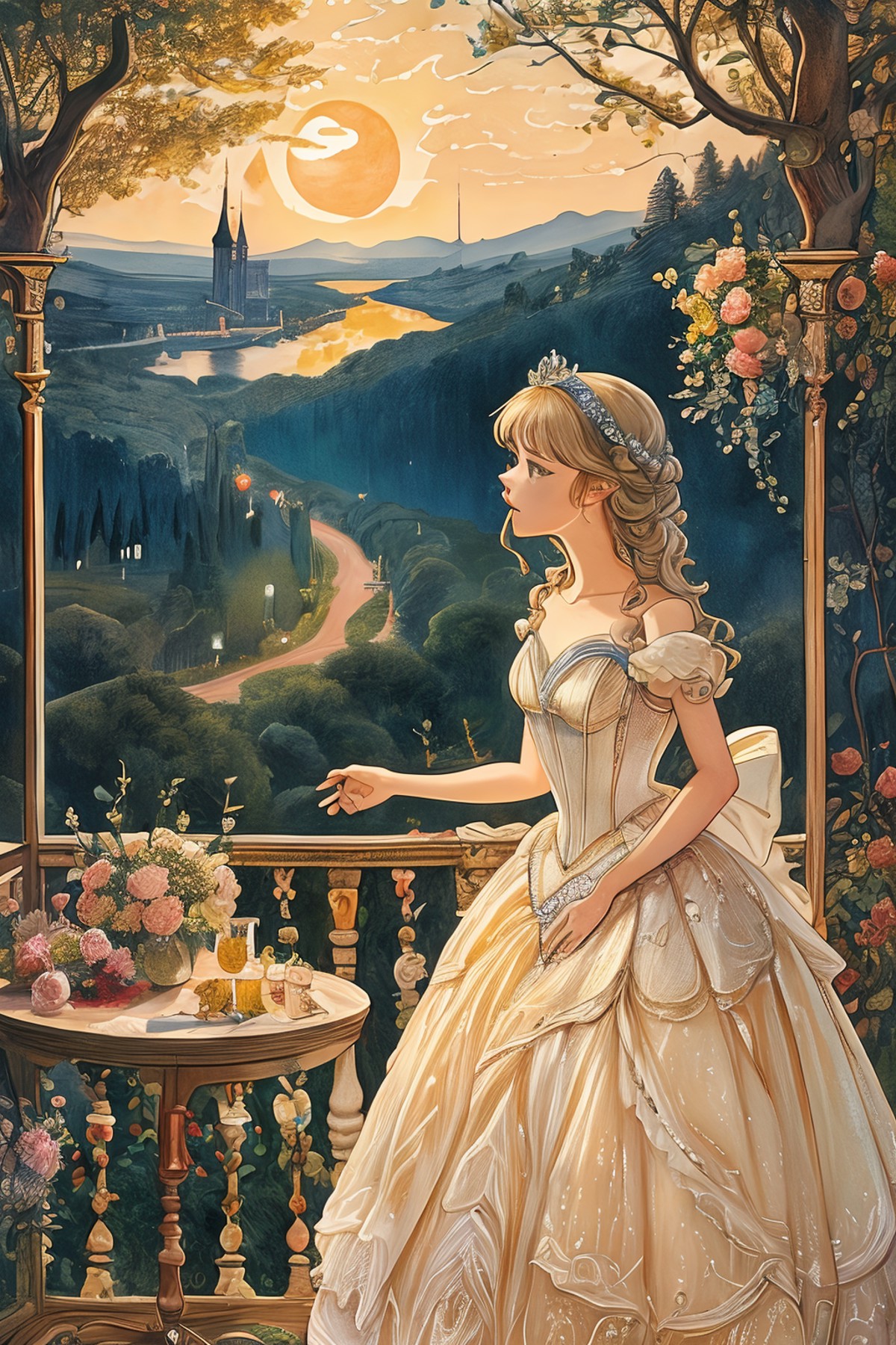 masterpiece,best quality,<lora:tbh132-:0.8>,idolmaster cinderella girls,illustration,painting,style of Walter Crane,